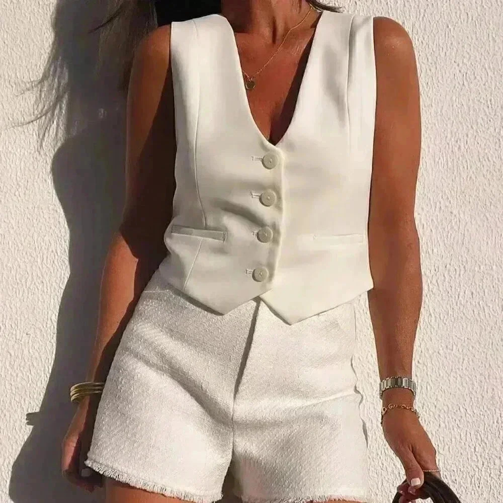 White Elegant Women's European And American Style Casual Slim Fit Sleeveless Tan